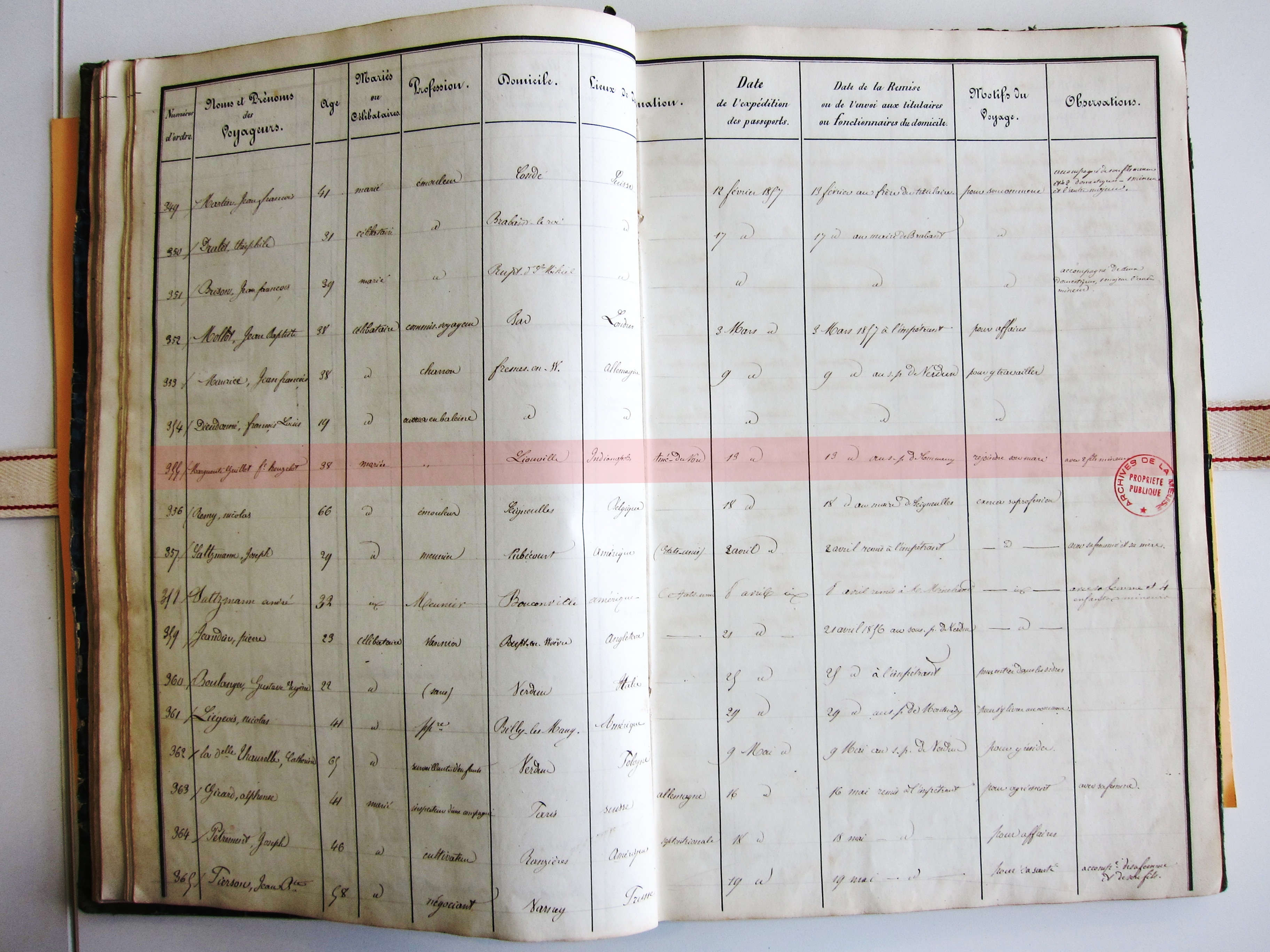 Passport application for Marguerite Guillot and her two sons in 1857