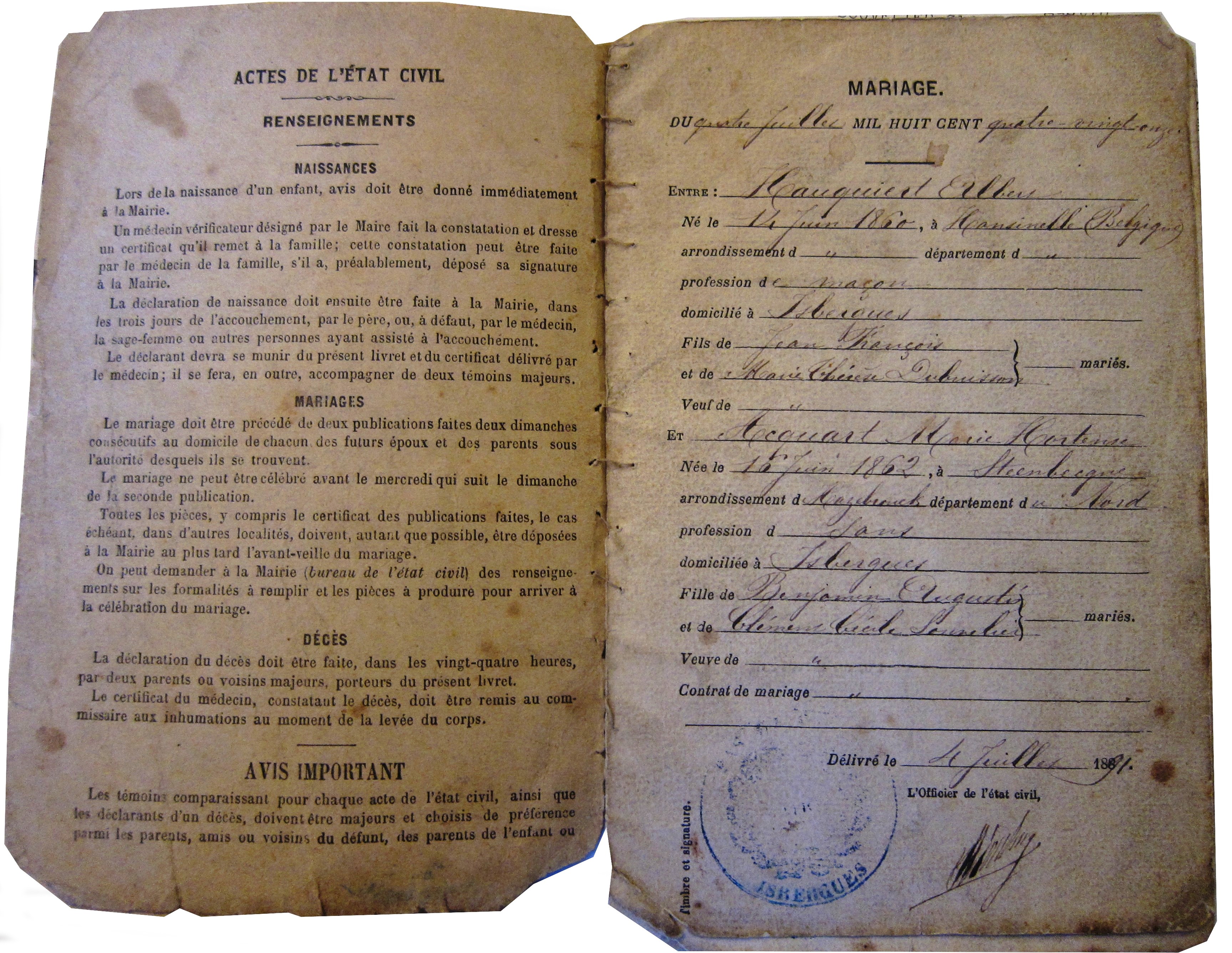 Livret de famille from 1891