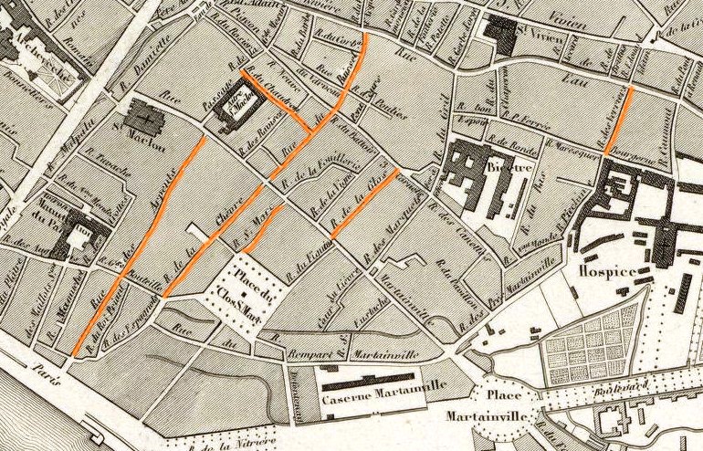 Map of Rouen in the middle of the 19th century, with the streets where my ancestors lived (in orange)