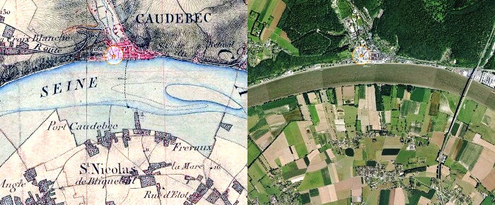Comparison of the 19th century survey map and a recent aerial view of Caudebec en Caux thanks to the Geoportail website