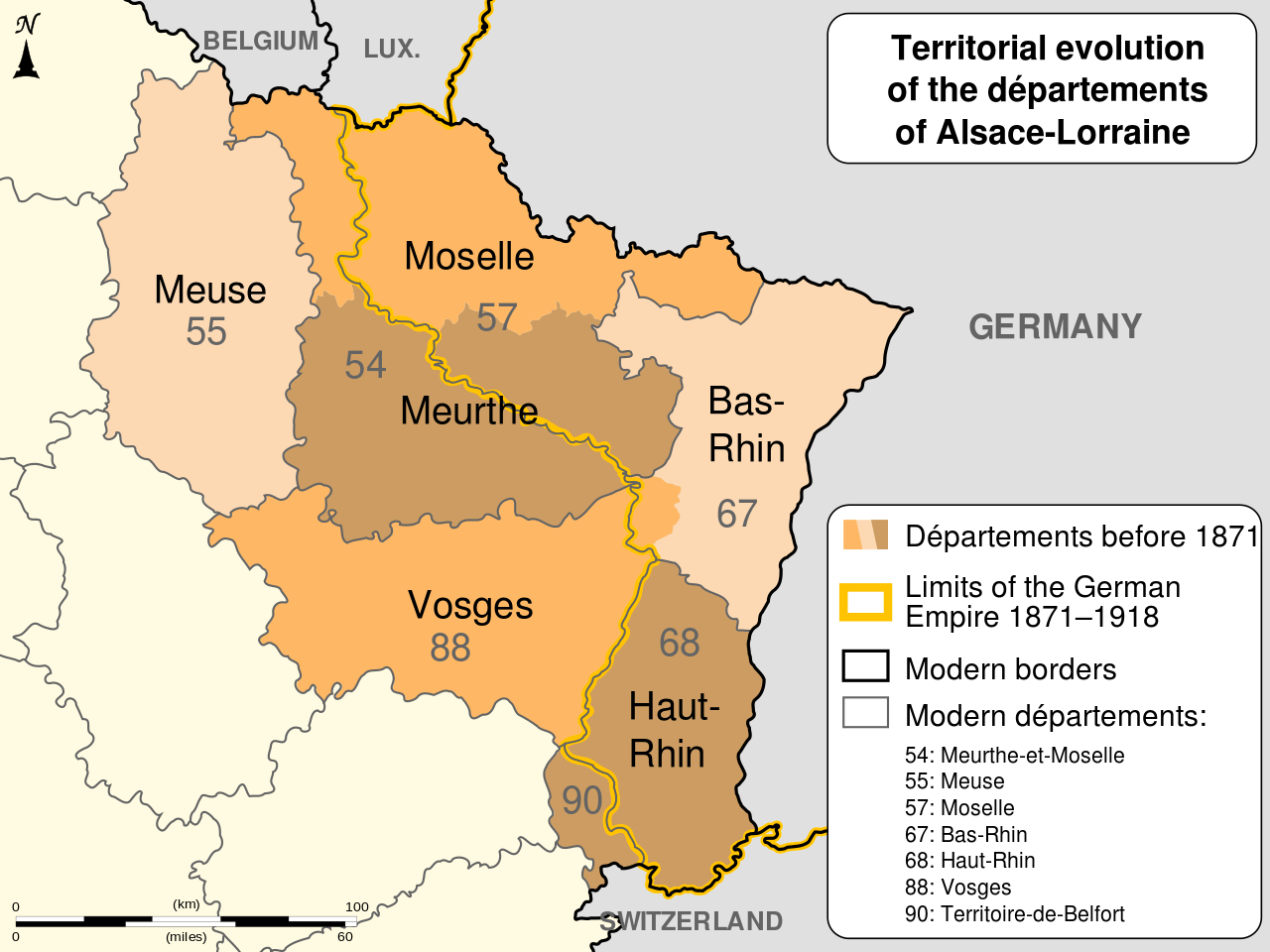 Départements of Alsace-Lorraine before and after 1871
