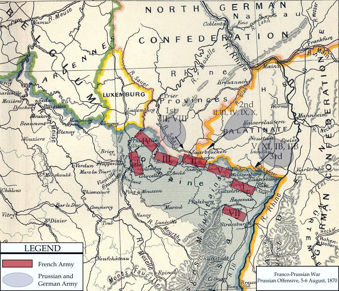 Positions of French and Prussian armies in August 1870