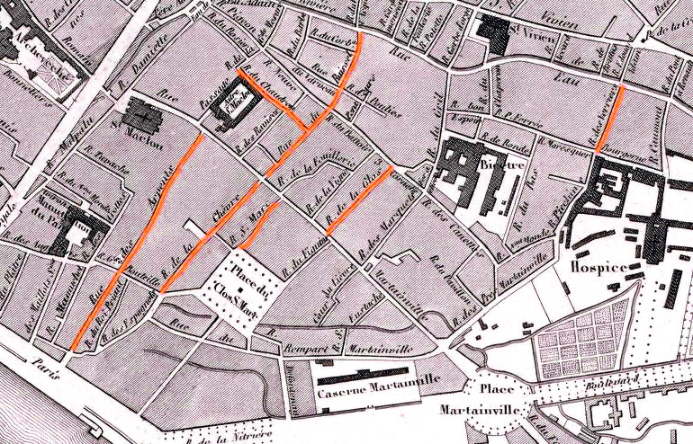 Map of Rouen in the middle of the 19th century, with the streets where my ancestors lived (in orange)