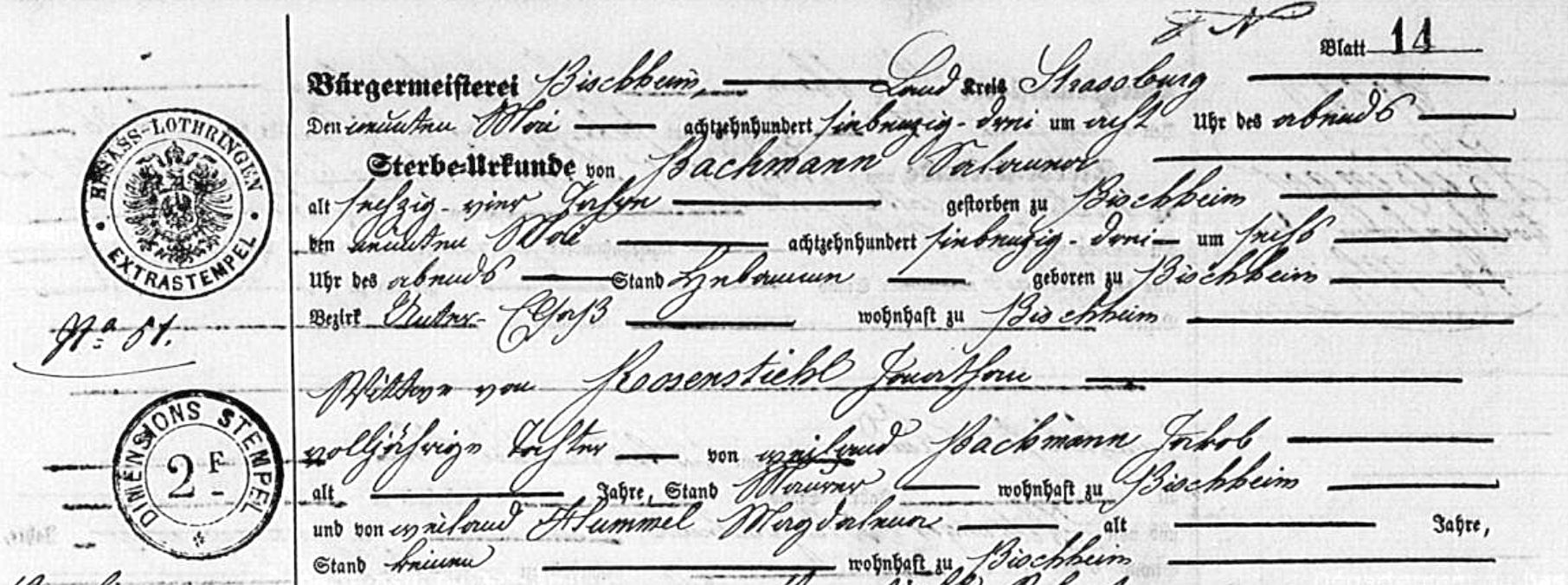 Beginning of a death record from 1873 in Bas-Rhin